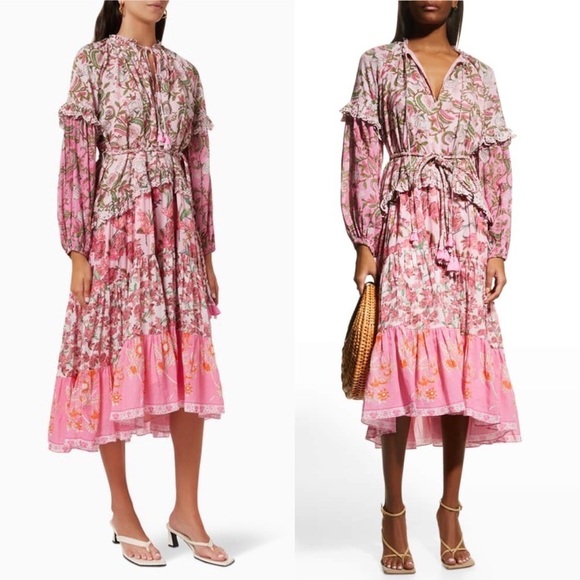 NWT HEMANT & NANDITA Midi Tiered Floral Dress with Braided Belt - Picture 1 of 11